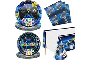 Hegbolke Video Game Party Supplies Serve 20-61Pcs Plates Napkins Tablecloth for Boys Gamer Gaming Controller Party Supplies