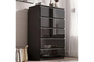 Blisswood High Gloss Chest of Drawers, Tall 5 Drawer Wooden Bedroom Drawers, Modern Storage Cabinet & Bedside Table Organizer for Bedroom or Living Room Furniture (Black, 70W x 40D x 115H cm)