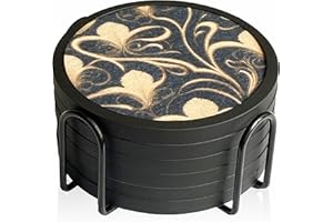 NEXVORO Absorbent Coasters for Drinks with Holder - 6packs, Silicone Coasters with Soft Felt Insert, Dual-Sided Flower -Themed Patterns