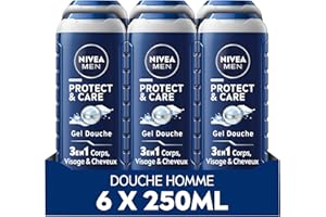 NIVEA MEN Gel douche Protect & Care (lot 6x250 ml) — Soin lavant enrichi en Aloe Vera naturel — Gel douche homme 3 EN 1 — Soin nettoyant corps visage et cheveux à la formule hydratante