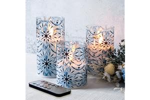 Eywamage Blue Snowflakes Glass Flameless Candles with Remote, Flickering LED Winter Christmas Pillar Candles Set of 3