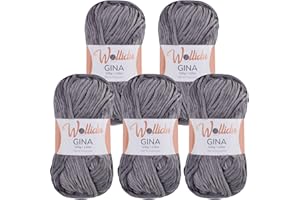 ‎WOLLIDU Wollidu Gina Chenille Garn zum Stricken und Häkeln 5 x 100g/120m Set 100% Polyester - Grau
