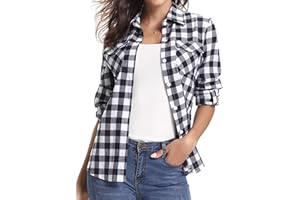 Aottori Damska koszula w kratę damska z długim rękawem zapinana na guziki na co dzień flanelowe koszule w kratę podstawowa luźna bluzka top w kratkę, Czarny, biały, M