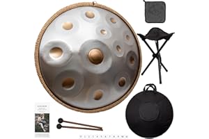 LOMUTY Steel Handpan D Minor Kurd 440Hz 12 Notes 22 Inch Steel Drum with Carry Bag, Stand, 2 Hand Mallets, Music Note Stickers, Wiping Cloth, Silver