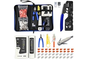 VCELINK GJ671 Kit de Crimpadora RJ45 Profesional Compatible con CAT7/CAT6A/CAT6/CAT5E/CAT5, Incluye Comprobador RJ45, Pelacables, Conectores RJ45, Impacto RJ45, Alicates de Corte, Hojas de Repuesto