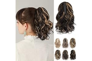 REECHO Ponytail Extension, Haarklammer in Pferdeschwanzverlängerung kurzer lockiger Pferdeschwanz Haarverlängerungen natürlich gewelltes Pferdeschwanz Haarteil – Dunkelbraun mit Highlights