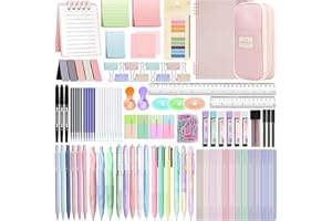 YIBONIKA 147 PCS Aesthetic Stationery Supplies with Pink Pen Case & Notebook, 12 Pastel Highlighters, 3 Erasable Pens, 5 Black Pens, 6 Mechanical Pencils, Stationery Set College Essentials