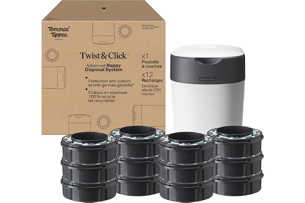 Tommee Tippee Poubelle à Couches Twist & Click Starter-Set,avec12Recharges,Chaque recharge enveloppe plus de100couches‡,12recharges=plus de1200couches‡,film multicouche antibactérien,Blanc