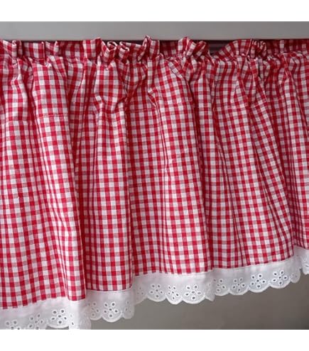 Tenda Corta Per Cucina - Cotone Opaco Con Pizzo, Motivo Quadretti Rosso E Bianco - Foto 11