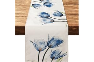 Weldomcor Runner da Tavolo Moderno Runner Primaverile Estivo Tavola con Fiori Blu Decorazione Lino Tovaglia da Fattoria Per Sala da Pranzo Cene in Famiglia Vacanze Feste Runner 32X240 cm