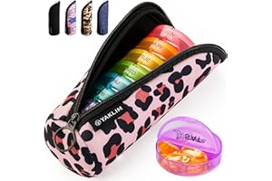 YAKLIM Weekly Pill Organiser 2 Times A Day, Pill Box 7 Day with Zipper Neoprene Case for Travel, Round Medicine Organiser, Tablet Organiser for Vitamin Fish Oils Supplement (Leopard)
