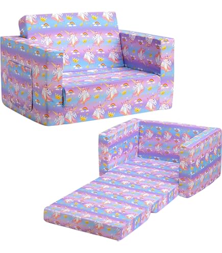 BEJOY Canape, Fauteuil & Chauffeuse Enfant Rembourré – Mousse Snug Foam, Barbe à Papa Licornes Ergonomique
