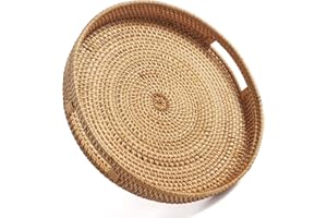 DECRAFTS Redondo Bandeja de Servir en Ratán con Asas Bandeja de Mesa de Café Tejida Decorativa para Cocina y Hogar Natural (30cm)