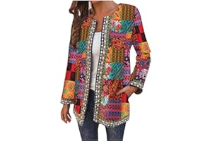 Dasongff Veste Femme Automne Hiver Ethnique Grande Taille Vestes Femmes Chic Et Elegant Sans Col Manteau Manches Longues Dames Bohème Casual Cardigan Long Femme Doux Outwear Rétro Manteau Trench