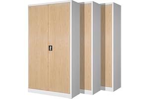 Jan Nowak Set di 3 Armadio da Ufficio C001 Archivio per Officina in Metallo Verniciato a polvere Chiudibile 195 cm x 90 cm x 40 cm (Bianco-Aspetto Legno)