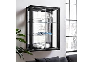 K-Möbel Vetrina Espositiva da Parete (80x60x25cm) – Prodotta in Germania – Vetrina Espositiva per Collezionismo con 2 ripiani in vetro ESG regolabili in altezza, specchio e LED in nero - Vetrinetta