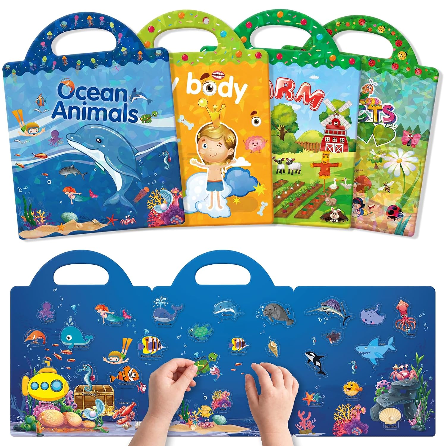 GUYUCOM Libro Pegatinas Infantiles, Pack 4（Cuerpo,Océano,Insecto,Granja） | Sticker Books, Gomets Reutilizables, 3D Transparentes, Juguetes Juegos Regalo para Niños y Niñas 2, 3, 4, 5, 6 Años