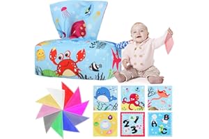 WolinTek Montessori Bebe Jouet, Boîte à Mouchoirs en Tissu Jouets Sensoriels,Jeu Montessori avec Couleurs Textures Sons pour Les Bébés de 6 à 24 Mois