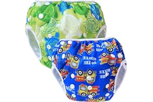 Teamoy 2 baby swimming trunks, comfortable, washable and adjustable, ideal for swimming lessons or holidays Turtles Green+ Cars Blue