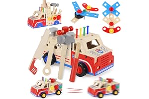 Ophy Boîte à Outils Établi Enfant - 45 Pièces Jouet en Bois Outil Jouet Enfant DIY Jeux de Construction Montessori Educatifs Jeux avec Roues Jouet en Bois Cadeau Garcon Fille 3 4 5 6 7 Ans