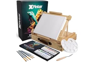 XPINTAR Kit Pintura Acrílica 34 Piezas Caballete Maletín Madera Portátil 24 Tubos 12 ml Colores Vivos Lienzo 24x30 cm 6 Pinceles Espátula Paleta Set Completo Adultos Niños Principiantes Arte Regalo Creativo