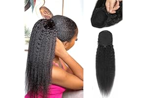 AIKAA 18 Inches Kinky Straight Ponytails Human Hair 10A Grade Drawstring Ponytail Extension Yaki Straight Clip in Pony Tail for Black Women Natural Black