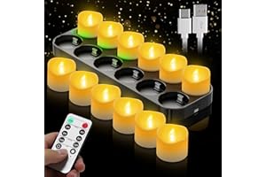 ‎DAPHOMEU Wiederaufladbare LED Teelichter 12 Stück mit Fernbedienung und Timerfunktion, Elektrische Kerzen mit USB-C Ladestation für Hochzeiten Partys Dekoration, Flammenlose Teelichter Set für Zuhause