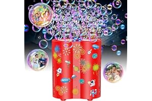 Babuloo Fireworks Bubble Machine, Automatic Bubble Blower 20000+ Bubbles per Min for Kids, 26 Holes Bubble Machine Maker Toys with Lights/240ml Solution/DIY Sticker for Outdoor Party Wedding-Red
