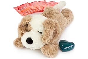 Lucky Paws® UK heartbeat toy for puppy - puppy heartbeat comforter for separation anxiety - calming dog toys - heart beat teddy for dogs - dog anxiety toy (Fudge, Brown/White)