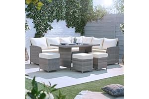 MMT FURNITURE DESIGNS LTD MMT Rattan Garden Furniture L Shaped Sofa Dining Set, 8 Seater Outdoor Furniture with Table and Stool, Patio Furniture, Garden Sofa, Backyard Furniture, Fully Assembled