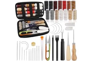 KUPPT 41 pezzi kit di riparazione cucito tappezzeria, kit di cucito in pelle, kit di strumenti per cucire in pelle con filo cerato a 14 colori, punzone in pelle, punteruolo, aghi da cucito e custodia