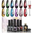Kredioo Cat Eye Gel Nail Polish 9D - 6 Color Galaxy Cat Eye Milky Way Glitter Changing Phantom Chameleon Set - Gold, Red, Blue - Soak Off UV Gel Polish DIY Kit - Black Base Needed