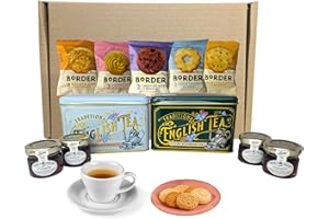 LAIZY STUFF Tea and Biscuits Set Hamper - 80 pcs New English Breakfast Teabags Tea Tin with 2 pcs each Raspberry and Strawberry Mini Jars Jam, and 5 pcs Borders Biscuits - Afternoon Tea Hamper
