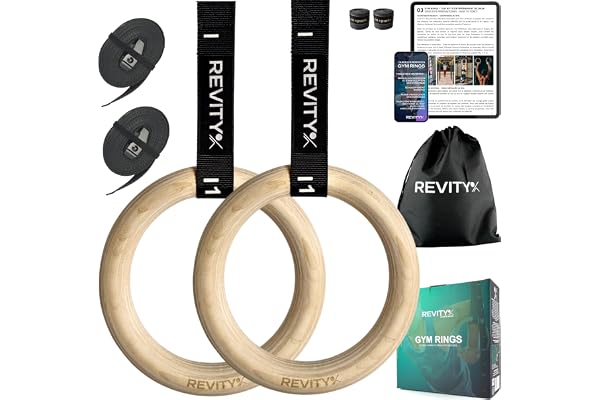 REVITY Anneaux Gymnastique en Bois - Anneaux Olympiques 32 mm pour Musculation, Crossfit et Calisthenics, 450 cm Facilement Réglables Sangles de Suspension avec Marquages, Bandes de Grip, Guide PDF