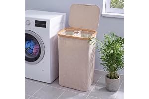 Björn&Schiller tvättkorg med lock, smal och hög, tvättsamlare med tvättbara innerfickor, stabil bamburam, modern och platsbesparande (beige 105L)