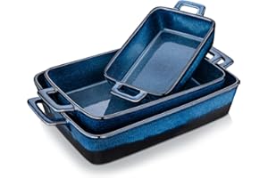 vancasso Glimmer Glaze Stoneware Oven Dish Set, Blue Rectangle Ceramic Oven Proof Dish, Set of 3