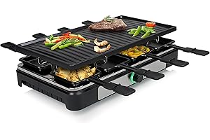 Tristar Raclette - 8 personas - Superficie de cocción 42 x 23 cm - Termostato regulable con anillo luminoso - 1400 W - Negro - RA-2746
