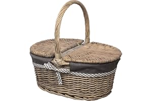 Woodluv Oval Antique Wash Willow Wicker Picnic Hamper Shopping Storage Basket W/Handle - 39.5cm x 30cm x 37.5(H) cm