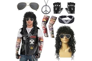 MOIUGULI 8 Pcs Rocker kostüm Herren, 70er 80er 90er Jahre Outfit Punk Disco Rave mit Vokuhila Perücke Stirnband Sonnenbrille Handschuhen Tattoo Ärmeln Peace & Love Halsketten Faschingskostüme Männer