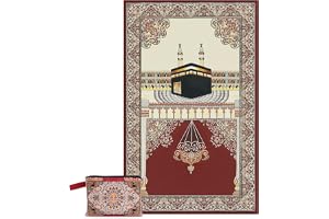 SHUHRALUX Silk Soft Muslim Prayer Rug,Portable&Foldable Sajadah with Kaaba Design,Ideal for Office,Airport&Mosque Use,Travel-Friendly Islamic Prayer Mat for Salah,Umrah,Hajj&Eid Gift（70x110cm,Red）