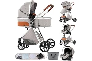 NADDLILY Kinderwagen 3 in 1, Buggy mit Umkehrbarem Zwei-Wege-Schub, Kinderwagen mit Faltbarem Tragbarem One-Click-Design, Kinderwagen 3 in 1 Komplettset mit Zubehör Hohe Landschaft (V9 Light Grey)
