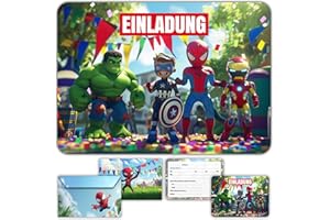 Glowiibo Set mit 12 Superhelden-Einladungskarten für Geburtstag mit passenden Umschlägen – für Kinder, Jungen und Teenager - Vorgefüllte Karten auf Deutsch für Geburtstagsparty und Feier
