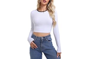 MIGCAPUT Camiseta Manga Larga para Mujer Moda Cuello Redondo Slim Fit Y2K Crop Tops Suave Básico Camisetas Interior Ligera Jersey Punto Elegante Mujer