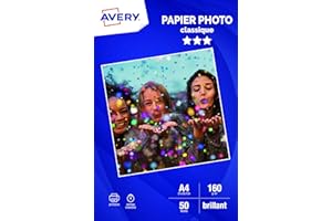 AVERY - 50 feuilles de papier photo 160g/m² brillant, Format A4, Impression jet d'encre,
