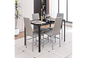 Paonne Glass Dining Table Chair Set 4, 5Pcs Dining Room Set 4, Glass Rectangular Table with PU Leather Chairs Modern Home Kitchen Furniture Set