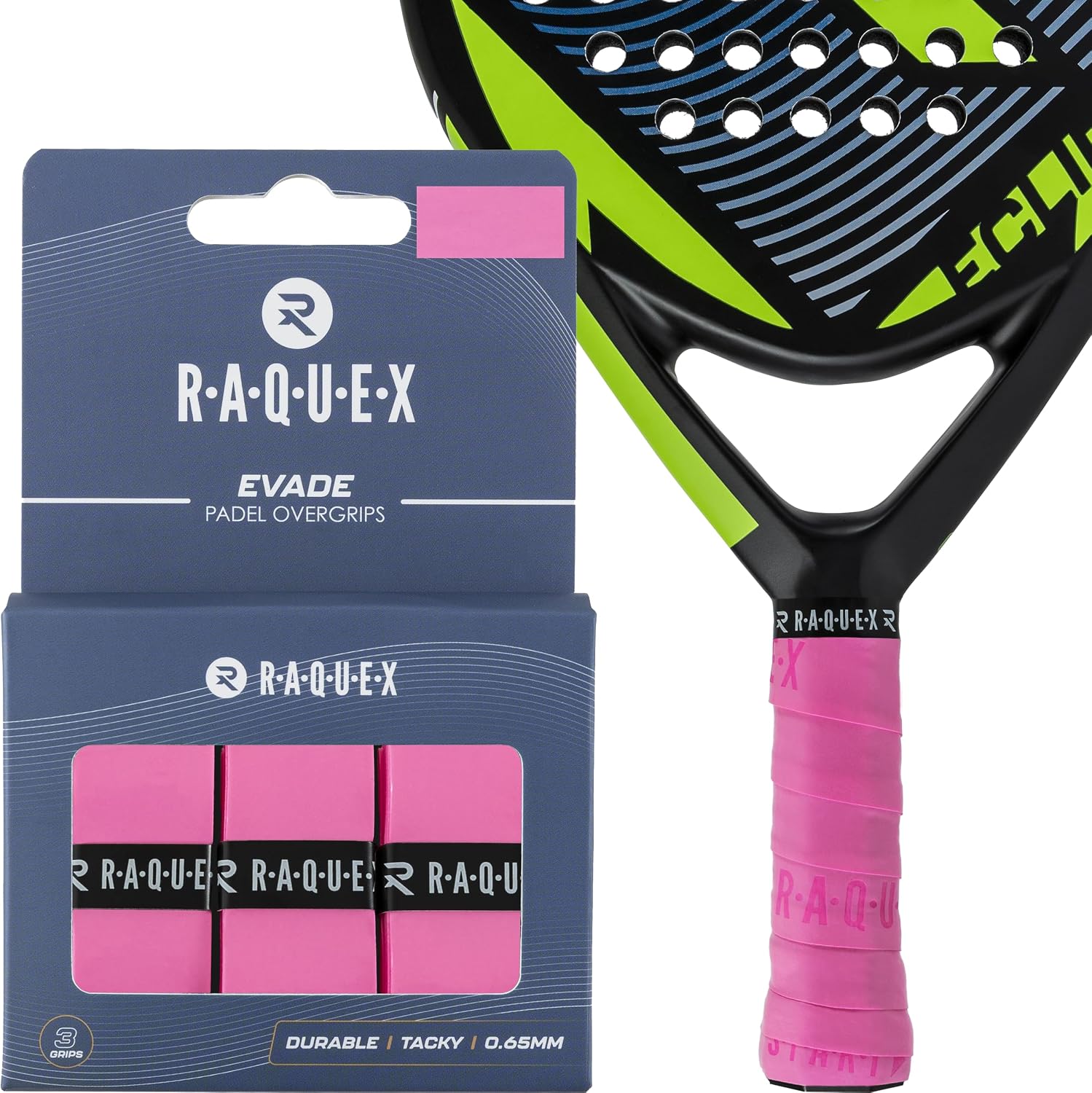 Raquex Cinta de sobreagarre Evade Palas de pádel, 10 Colores. Paquete de 3 Cintas de sobreagarre para pádel, 0,65 mm de Grosor, Absorbente, Ligeramente adherente, Antideslizante