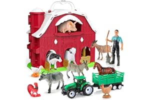 HappyKidsClub Farm Animal Toys for 1-4 Year Olds | Montessori Learning Barn with 10 Animals & Farmer & Cart | Safe Educational Toy Gift for Toddlers, Baby Toys Play Set