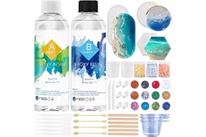 SUZZAM Epoxy Resin Set Beginners 474 ml/16 oz Crystal Clear Casting Resin with Coaster Shape, Epoxy Resin Casting Set for DIY Jewellery Making Crafts with 3 Gold Foils, 12 Glitter, Measuring Cups and More