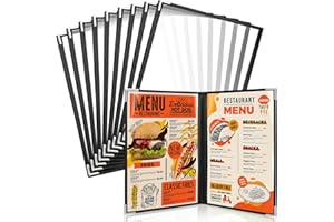 WenYa Lot de 10 protège-menus A5 à double pliage, 2 pages 4 vues de style américain, bordure noire, couverture de menu pliable avec protections d'angle en acier inoxydable pour restaurants, bars,