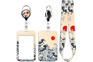 Juanooo Sea Wave Lanyard with Card Holder Retractable Reel Clip Cool Key Lanyard for Women Men Staff Nurses for ID Badge Teachers School Keychain for ID Holder